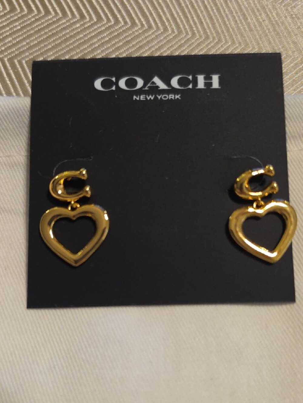 Coach Gold Heart Drop Earrings with Signature C Motif - Picture 2 of 4